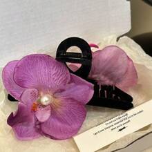 1 pieza Set de clips para el cabello con flores de orquídea elegantes con color degradado, accesorios para el cabello con peine y clip lateral para mujeres - rosado morado - Ver 4