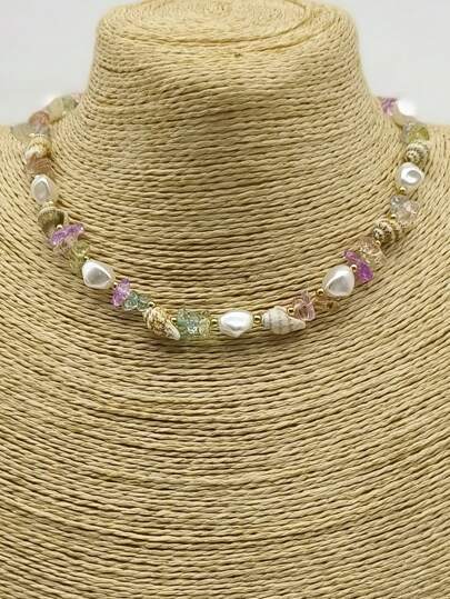 1pc Refreshing Seashell Candy Color Beaded Necklace, Versatile And Simple Coastal Vacation Jewelry, Bohemian Style Vintage Geometric Jelly Color Beads Necklace For Women