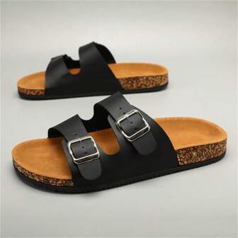 Men Plus Size Outdoor PU Flat Casual Shoes, Couples Fashion Leather Buckle Strap Cork Insole Beach Slippers, Non-Slip