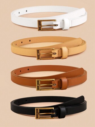 4件套女士复古黄铜方扣多色PU皮腰带，青铜色细腰带，休闲复古时尚连衣裙腰带，日常穿着，尺码齐全，适合夏季、学校、秋季、万圣节等场合。