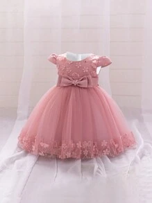 Baby Girl Solid Color Flower Applique Bow Puff Sleeve Cute Princess Dress, Suitable For Party And Holiday, Without Hair Accessories