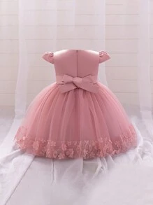 Baby Girl Solid Color Flower Applique Bow Puff Sleeve Cute Princess Dress, Suitable For Party And Holiday, Without Hair Accessories