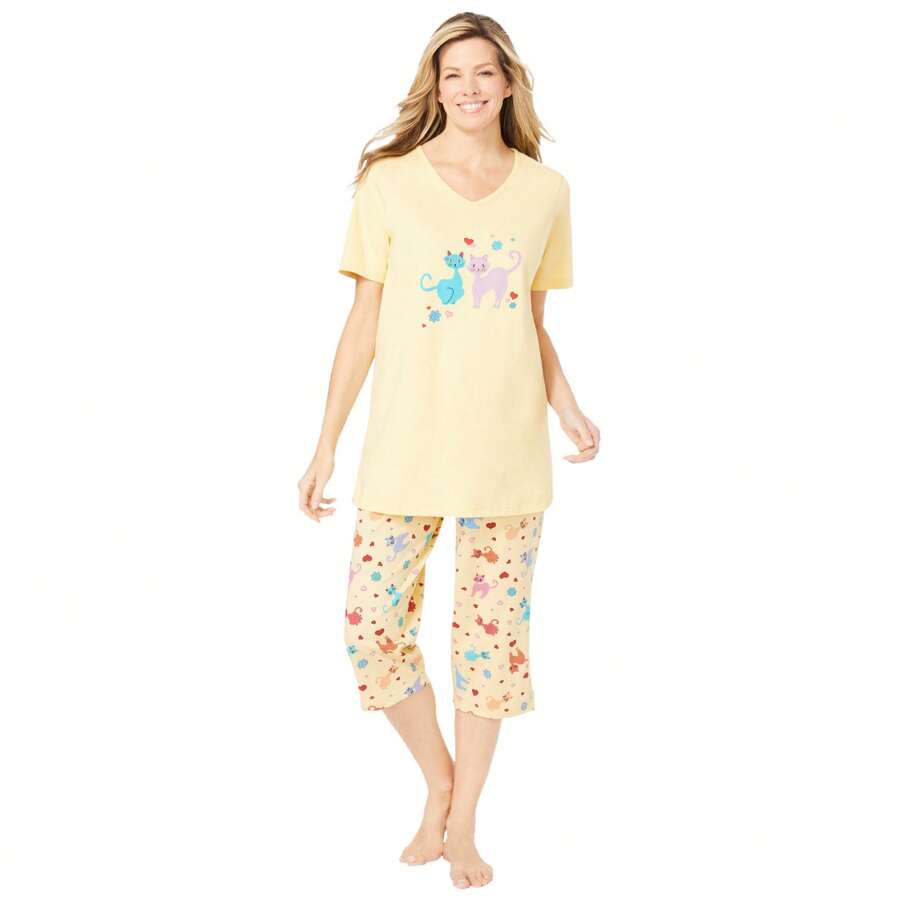Dreams & Co. Plus Size 2-Piece Capri PJ Set - YELLOW CATS - View 1