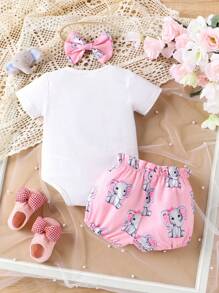 مجموعة بوديسوت للرضع بناتي مطبوعة بالحروف والحيوانات تتضمن بودي سوت وشورت - أبيض - مشاهدة 2