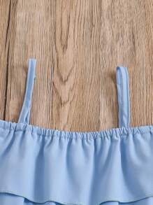 Young Girl Cold Shoulder Crop Top With Ruffle Trim And Sunflower Print Shorts Set Children Summer Outfit - Blue - View 3