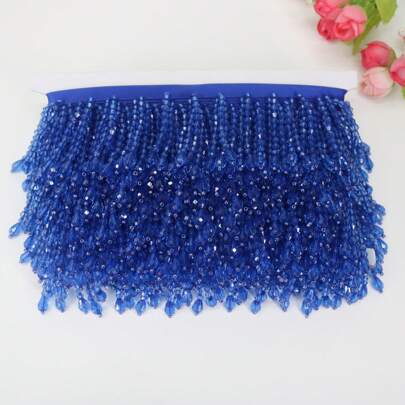 1 yarda de encaje de borlas con cuentas y colgante de cristal en azul tesoro, accesorios decorativos manuales para ropa de DIY de vestuario de escenario, cortinas para el hogar, tocados, decoración de vestido de baile latino y costura.