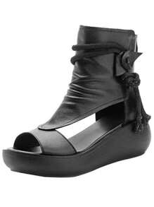 Sandalias romanas negras de moda con puntera abierta, cómodos zapatos casuales antideslizantes, sandalias femeninas de tacón inclinado y fondo grueso, adecuadas para el día a día, las vacaciones, los viajes - Negro - Ver 5