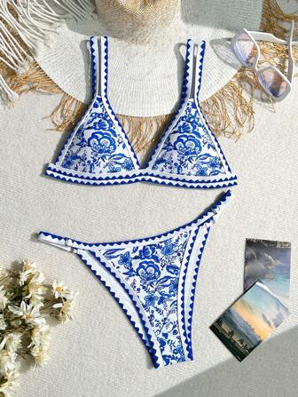 Bikinx Kvinnors färg kontrast blommönster Sexig semester bikini set med spetskant dekoration sommar