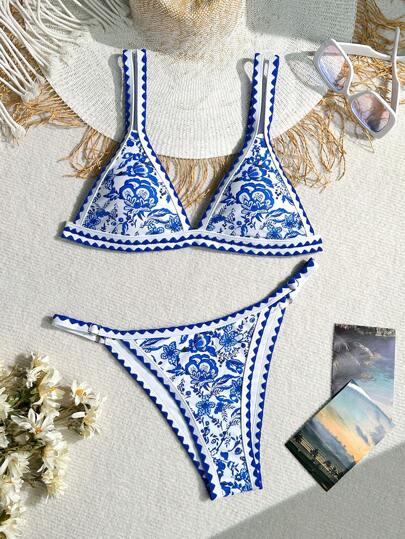 Bikinx 女士撞色花卉印花性感假日比基尼套装带蕾丝边装饰夏季