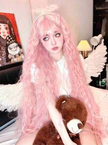 Pink Long Wave Wig With Bangs Long Curly Wavy Pink Synthetic Wigs For Women Natural Wavy Wig Heat Resistant Colorful Wigs Curly Wavy Hair For Girl Cosplay Party 40 Inch Wigs - Pink - View 3