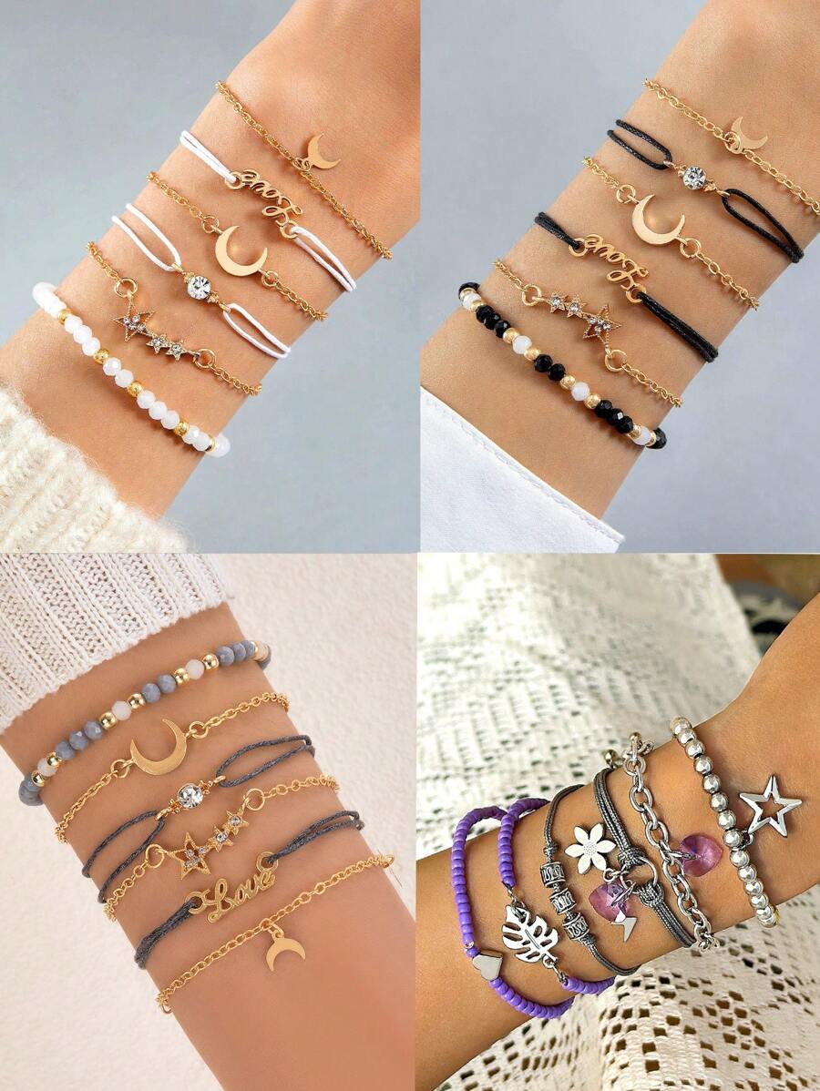 imoli 7pcs/set Rhinestone Star & Moon Decor Bracelet