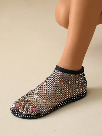 EU Style Rhinestone Decor Elastic Band Flat Sandals For Women, Plus Size, Sexy Fishnet Slip-On Design