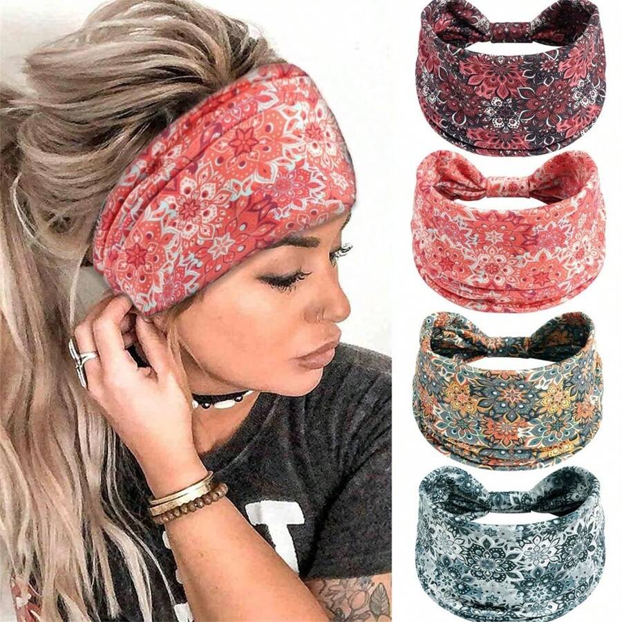 (Lot de 4) Bandeaux élastiques à motif floral bohème avec nœud torsadé large pour femmes, exercice, yoga, sports et accessoires pour filles, printemps été - Multicolore - Voir 1