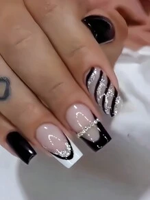 24 piezas Pegatinas de uñas completas de arte de uñas falsas en 3D con patrón de vaca con strass en blanco y negro, incluye pegamento de gelatina y una lima de uñas, suministros para uñas uñas falsas uña falsa uña acrílica - Blanco y Negro - Ver 2