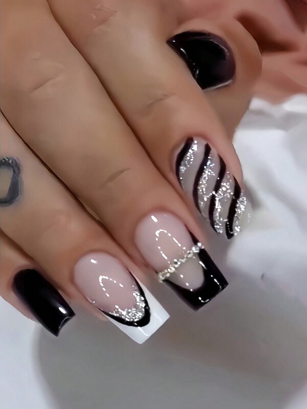 24 piezas Pegatinas de uñas completas de arte de uñas falsas en 3D con patrón de vaca con strass en blanco y negro, incluye pegamento de gelatina y una lima de uñas, suministros para uñas uñas falsas uña falsa uña acrílica