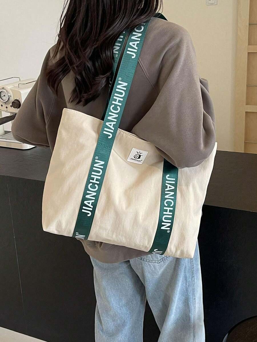 1pc Women Contrast Color Tote Bag, Fashionable And Spacious Bag Suitable For College Students And Daily Commuting - Beige - View 1