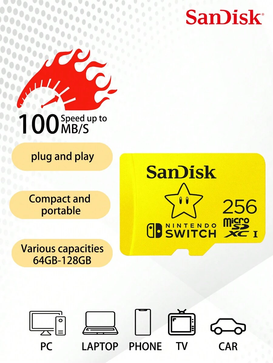 SANDISK Cartão de Memória SanDisk Mais Novo Compatível Com Switch, Cartão MicroSDXC 256G U3 4K HD Alta Velocidade de Transferência