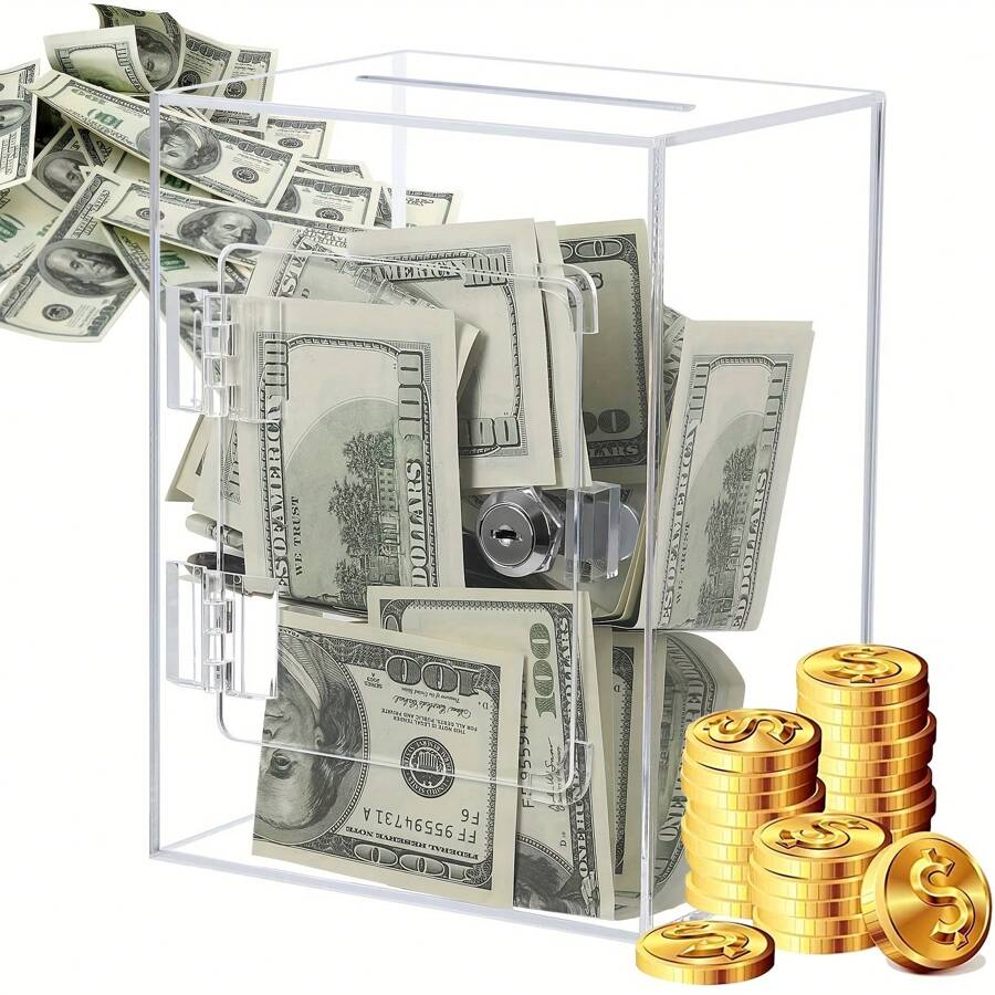 Clear Acrylic Piggy Bank For Adults, Large And Sturdy Money Saving Jar For Cash Coin With Key Change Jar, Saving Box - Clear - View 1