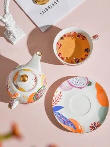 1入組咖啡杯+1入組碟子+1入組茶壺，歐式水果波希米亞陶瓷咖啡杯碟子，下午茶套裝，母子茶壺，帶金邊家用茶具 - 混色 - 查看 5