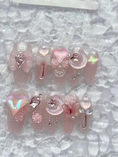 10個 手作り クリスタルバタフライ & ハートデザイン ネイルチップ 用 ロング ネイル 適す 用 誕生日パーティー , ダンス と デイリーウェア