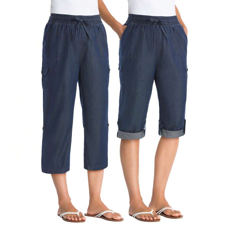 Woman Within Plus Size Convertible Length Cargo Capri/Bermuda - 靛青 - 查看 1