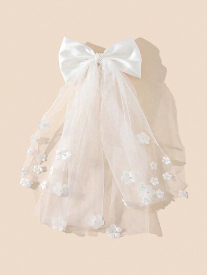 Elegant 1pc Women's Simple Bridal Veil With Bowknot And Floral Hair Clip