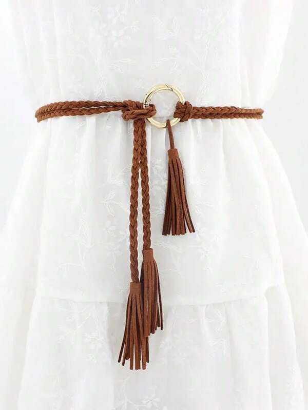 Fashionable Girl Woven Waist Belt For Dress- Decorative Thin Knot Waistband For Stylish Look