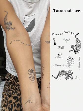 1pc Temporary Tattoo Sticker With Small Tiger Chinese Characters Design, Waterproof, Unisex, Improves Disorderly Lines Of Bouquet Vase And Dragonflies