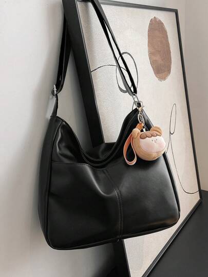 大容量流浪包纯色带包饰软 PU 皮革托特包，复古纯色单肩包，女士时尚手提包，商务休闲女包，非常适合办公室、商务和工作，日式包，女士复古包