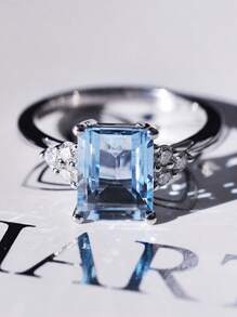 1pc Fashionable New Square Light Blue Cubic Zirconia Ring, Engagement Ring For Women & Men, Great Gift For Family/Friends/Lovers - Baby Blue - View 4