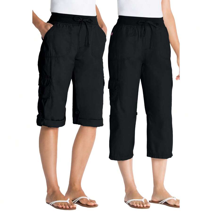 Woman Within Plus Size Convertible Length Cargo Capri/Bermuda - 黑色 - 查看 1