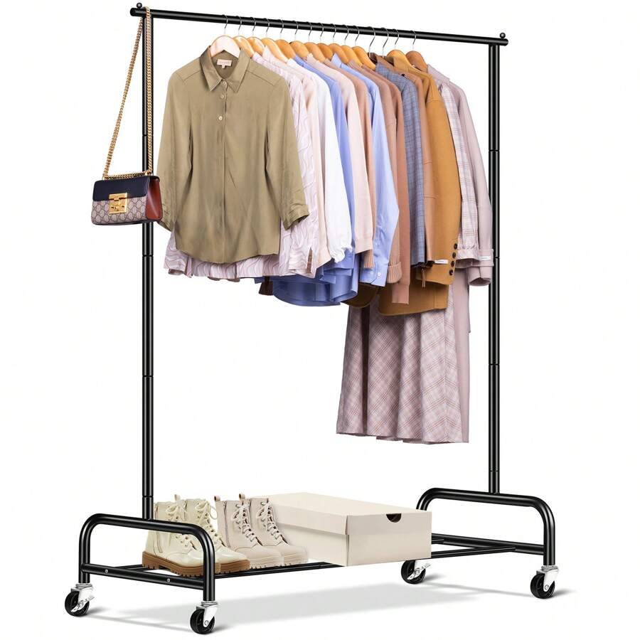Heavy Duty Clothing Racks For Hanging Clothes Rack, 43" Wide Rolling Garment Rack Metal Clothing Hanger Rack With Wheels Wardrobe Rack For Coats, Shirts, Dress, (Black) Halloween Decorations Halloween Costumes Autumn Decor Festival Decor - Black - View 1