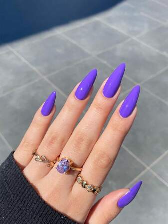 24pcs Purple Almond Shaped Medium Size Glossy Solid Color Press-On Nails, Suitable For Women And Girls Daily Wear