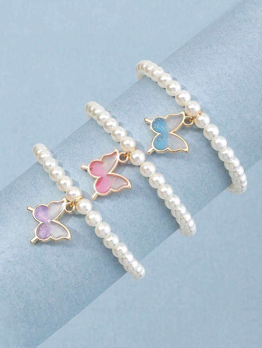 3pcs Girls Minimalist Pearl Butterfly Bracelet Set