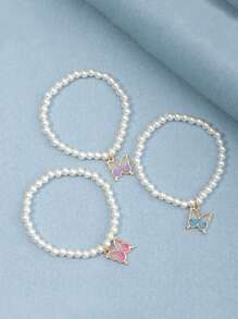3pcs Girls Minimalist Pearl Butterfly Bracelet Set