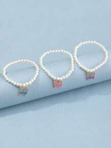 3pcs Girls Minimalist Pearl Butterfly Bracelet Set