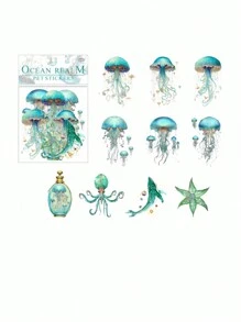 1包20張海洋生物PET貼紙，含水母、海豚、祈願瓶、貝殼和箔印，適用於DIY手工藝品裝飾 - 彩色 - 查看 7