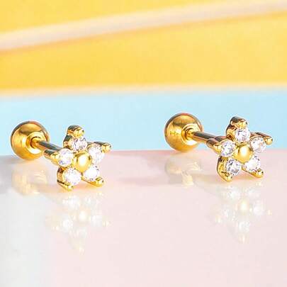 1 Đôi bông tai hình hoa năm cánh dễ thương, bông tai đính đá Cubic Zirconia tinh tế, thời trang dành cho bé gái, quà tặng sinh nhật cho trẻ em, trang trí hàng ngày.