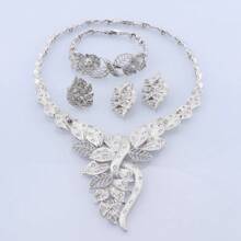 1pc Fashionable Crystal Leaf Gold-Colored Jewelry Set, Including Necklace, Earrings, Bracelet And Ring, Suitable For Women's Wedding Party Outfits, Gift Set
