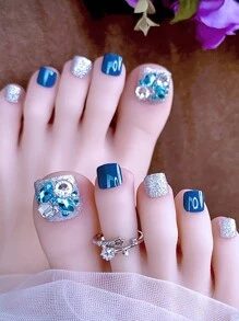 24 piezas de puntas de uñas de presión para los dedos de los pies en diseño cuadrado recortado, acabado brillante en azul klein, negro, gris, burdeos con decoración de pedrería y brillo, que incluyen 1 lima de uñas y 1 suministro de uñas adhesivas de gel de gelatina - azul real - Ver 12