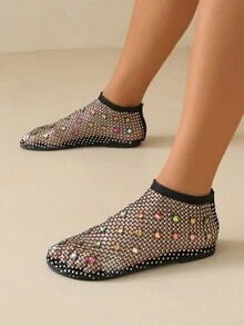 Sandały damskie w stylu europejskim z gumką i zdobieniem ze strasów, duże rozmiary, seksowne, wsuwane, z siateczki - Czarne - Zobacz 3