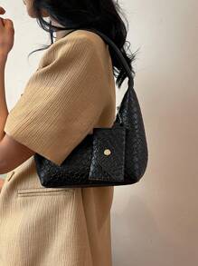 Fashionable Black Crocodile/Dragon Pattern Moon Shaped Embossed Shoulder Bag With Shell Handle For Women - Black - View 5