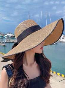 Chapeau de soleil en paille à large bord pour femmes avec protection UV pour les vacances à la plage, pliable et élégant