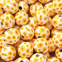 10 pièces/set Perles en bois à fleurs de marguerite de 16 mm, perles florales imprimées de style bohème rustique pour l'été, artisanat DIY, bijoux, guirlandes, création artisanale pour la Saint-Valentin