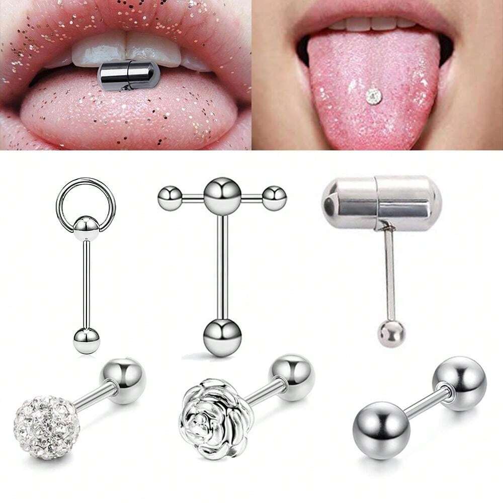 18pcs Stainless Steel Vibrating Tongue Ring Barbell Body Piercing Jewelry, Punk Style