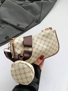 Fashionable Solid Color Printed 2-Piece Sling Bag Set - Beige - View 1