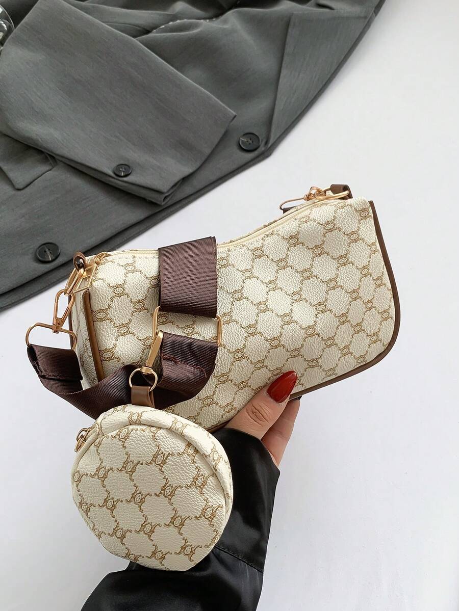 Fashionable Solid Color Printed 2-Piece Sling Bag Set - Beige - View 1