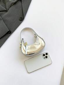 迷你纯色金属漆皮造型手拿包，配有可调节肩带，适合派对和宴会的手提包 - 銀色 - 查看 5