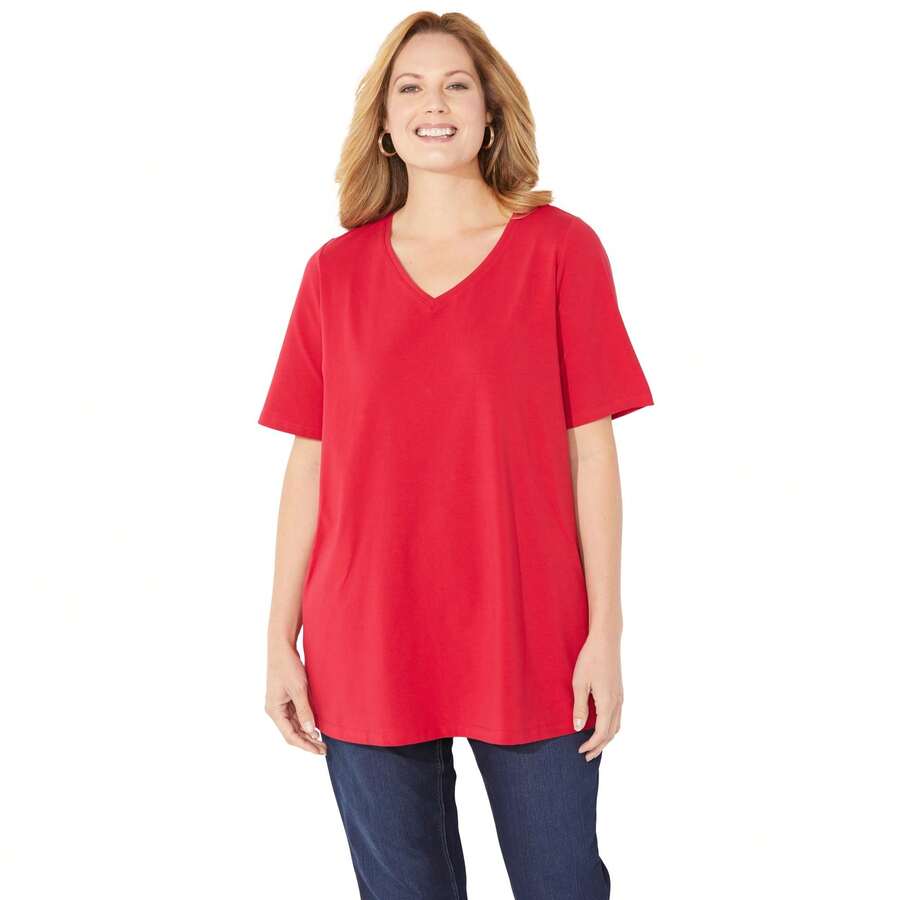 Catherines Women's Plus Size Petite Suprema Short Sleeve V-Neck Tee - ĐỎ CỔ ĐIỂN - Xem 1