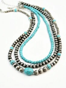 3pcs Vintage Silver Tone Turquoise Beaded Necklace, Retro Choker Necklace Suitable For Daily Wear With Various Outfits